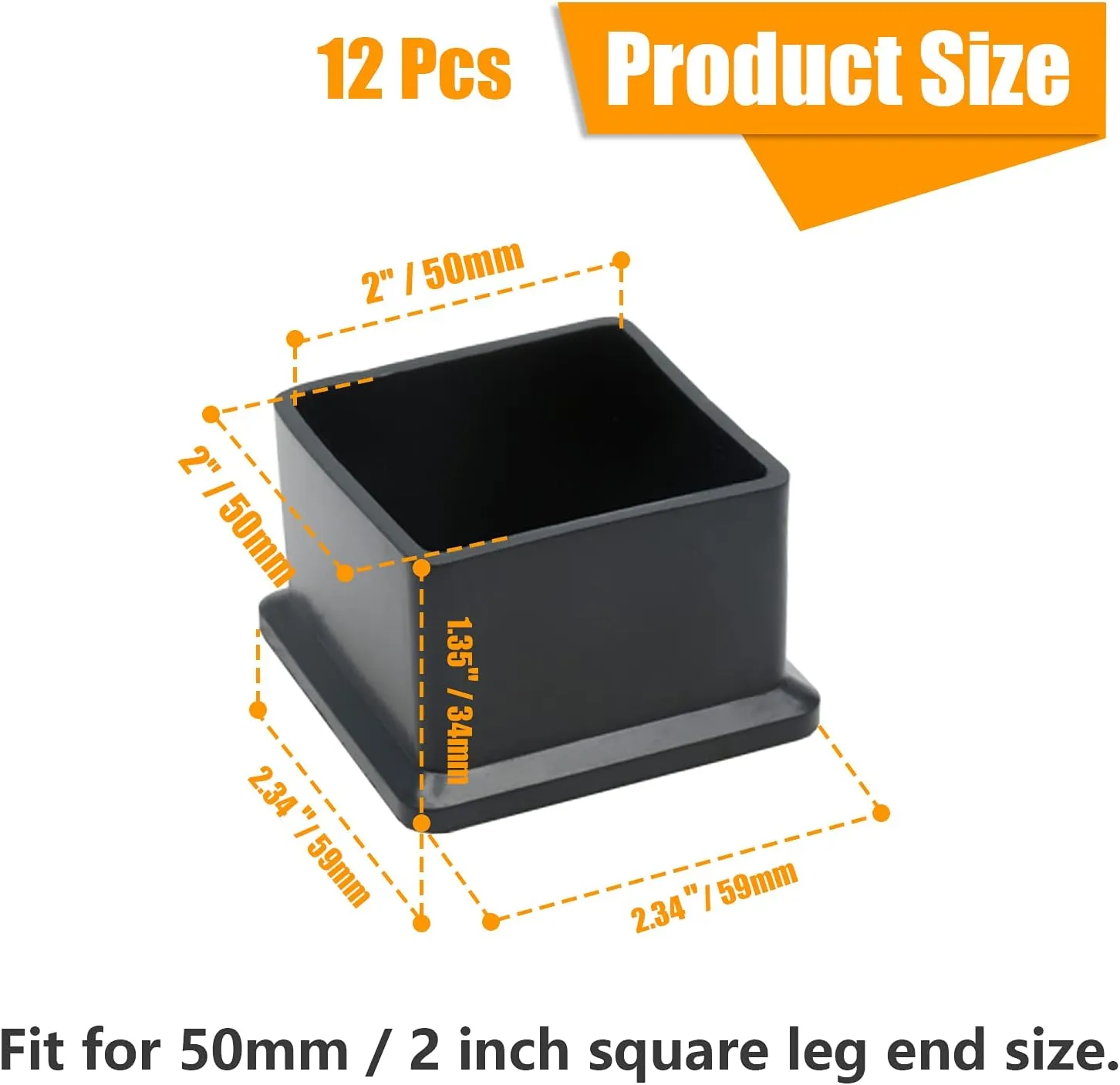 12PCS Rubber Chair Leg Tips Caps, 2" x 2" Square Rubber Covers Black Furniture Foot Table Chair Leg End Cap, Anti-Slip Chair Leg Floor Protectors, Black