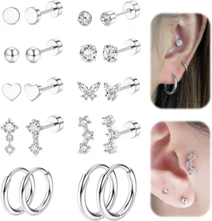 20G 10Pairs Hypoallergenic Surgical Steel Earrings for Sensitive Ears Flat Back Earrings for Women Men Small Earrings Flatback Stud Hoop Cartilage Daith Conch Tragus Helix Earring Set for Multiple Piercing