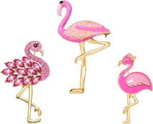 3Pcs Flamingo Brooch Pins for Women,Crystal Pink Flamingo Animal Brooch Lapel Pin for Women Hat Bag Suit Dress Accessories Jewelry
