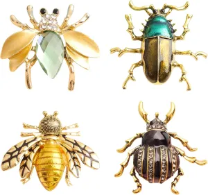 4 PCS Lapel Pins Crystal Insect Themed Brooches for Women