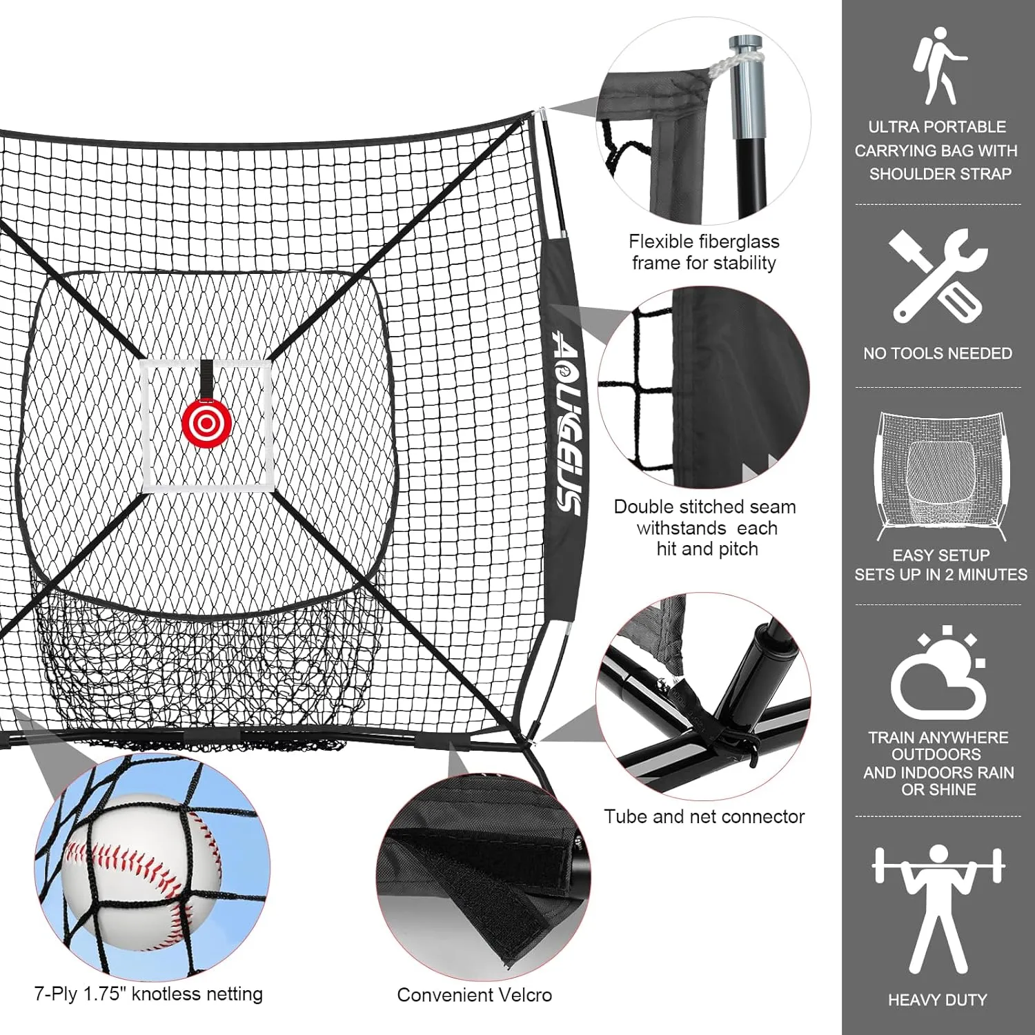 6'X6' Baseball Softball Practice Net with Batting Tee and Ball Caddy, Bonus Strike Zone Target and Bow Frame, for Hitting, Pitching, Catching