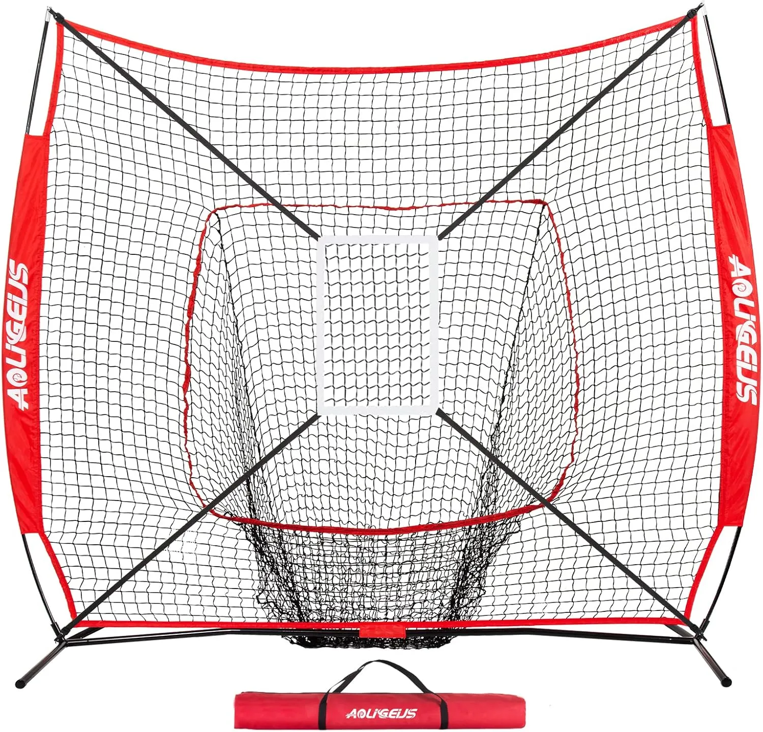 7'X7' Baseball Softball Practice Net,Pitching Net,Batting Net,with Baseball Tee,Bonus Strike Zone and Bow Frame,for Hitting,Pitching, Catching