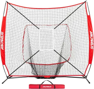 7'X7' Baseball Softball Practice Net,Pitching Net,Batting Net,with Baseball Tee,Bonus Strike Zone and Bow Frame,for Hitting,Pitching, Catching