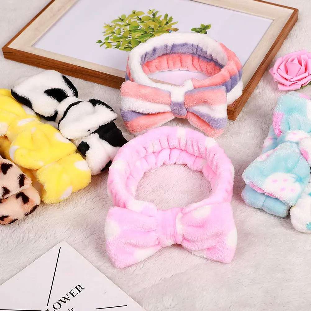 8 Pack Spa Bow Headbands, Coral Fleece Makeup Cosmetic Headband for Washing Face, Shower Terry Cloth Hair Band for Women Facial