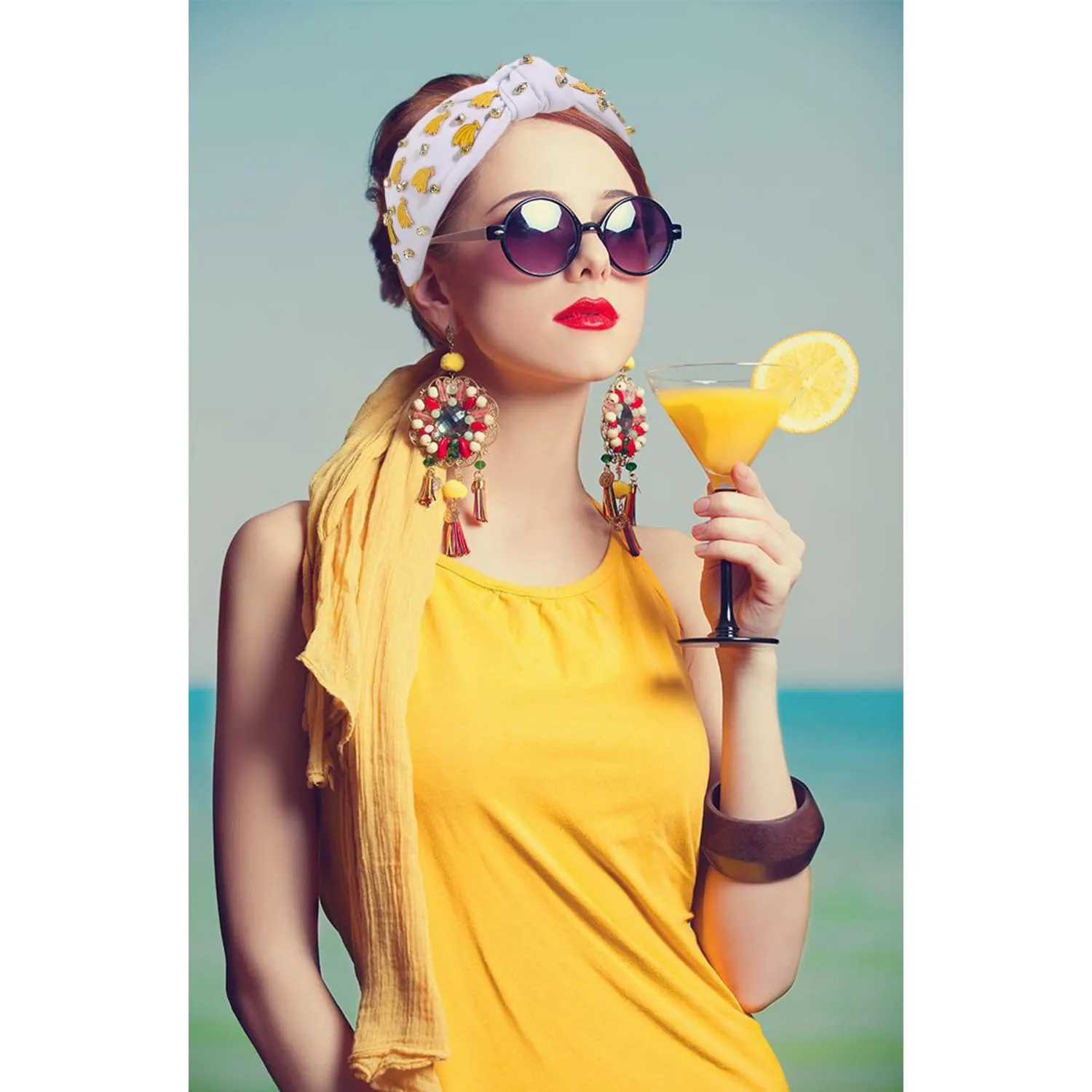 Banana Headbands for Women Summer Headbands Jeweled Rhinestone Knotted Hairbands Summer Beach Outfits Hair Accessories Vacation Gifts (Fruit C-White)