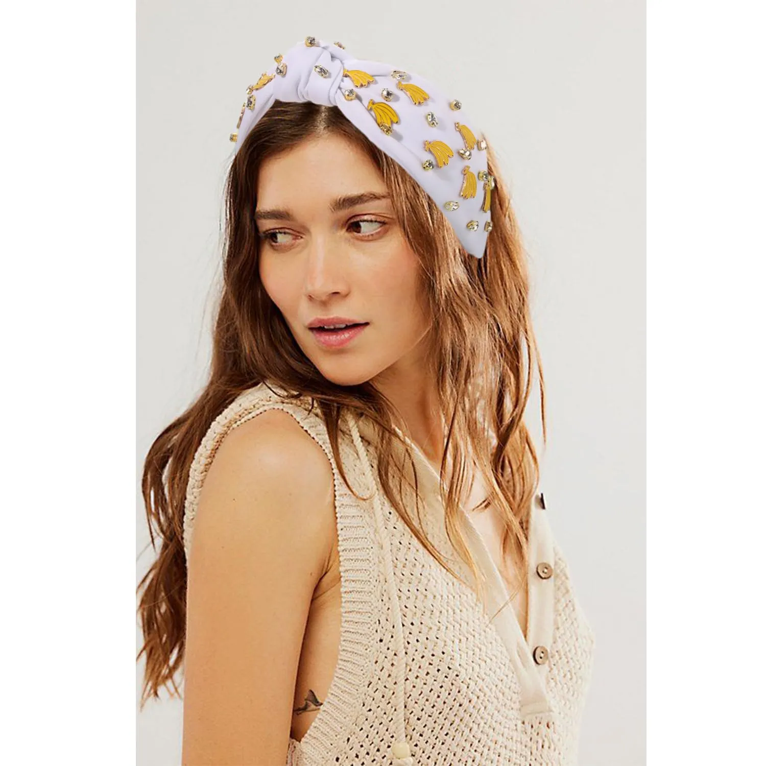 Banana Headbands for Women Summer Headbands Jeweled Rhinestone Knotted Hairbands Summer Beach Outfits Hair Accessories Vacation Gifts (Fruit C-White)