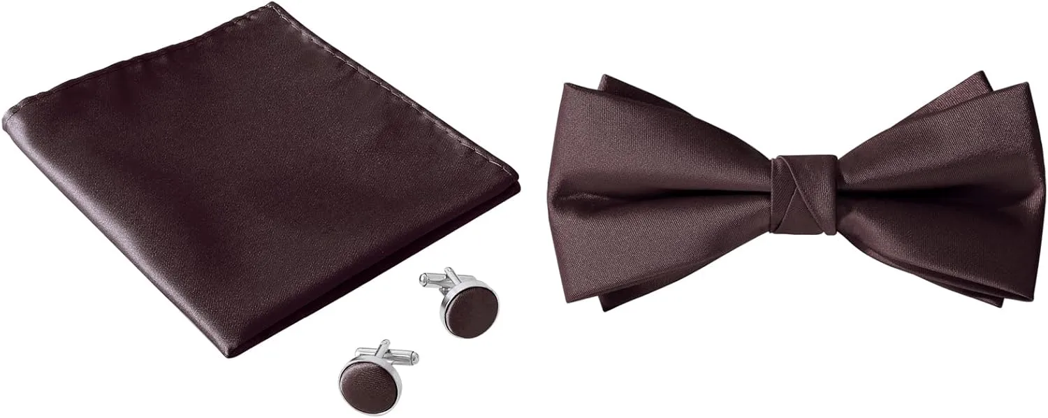 Bow Ties for Men, Mens Pre-Tie Bow Tie Satin Silk Adjustable Bow Tie Cufflinks Pocket Square Sets With Gift Box