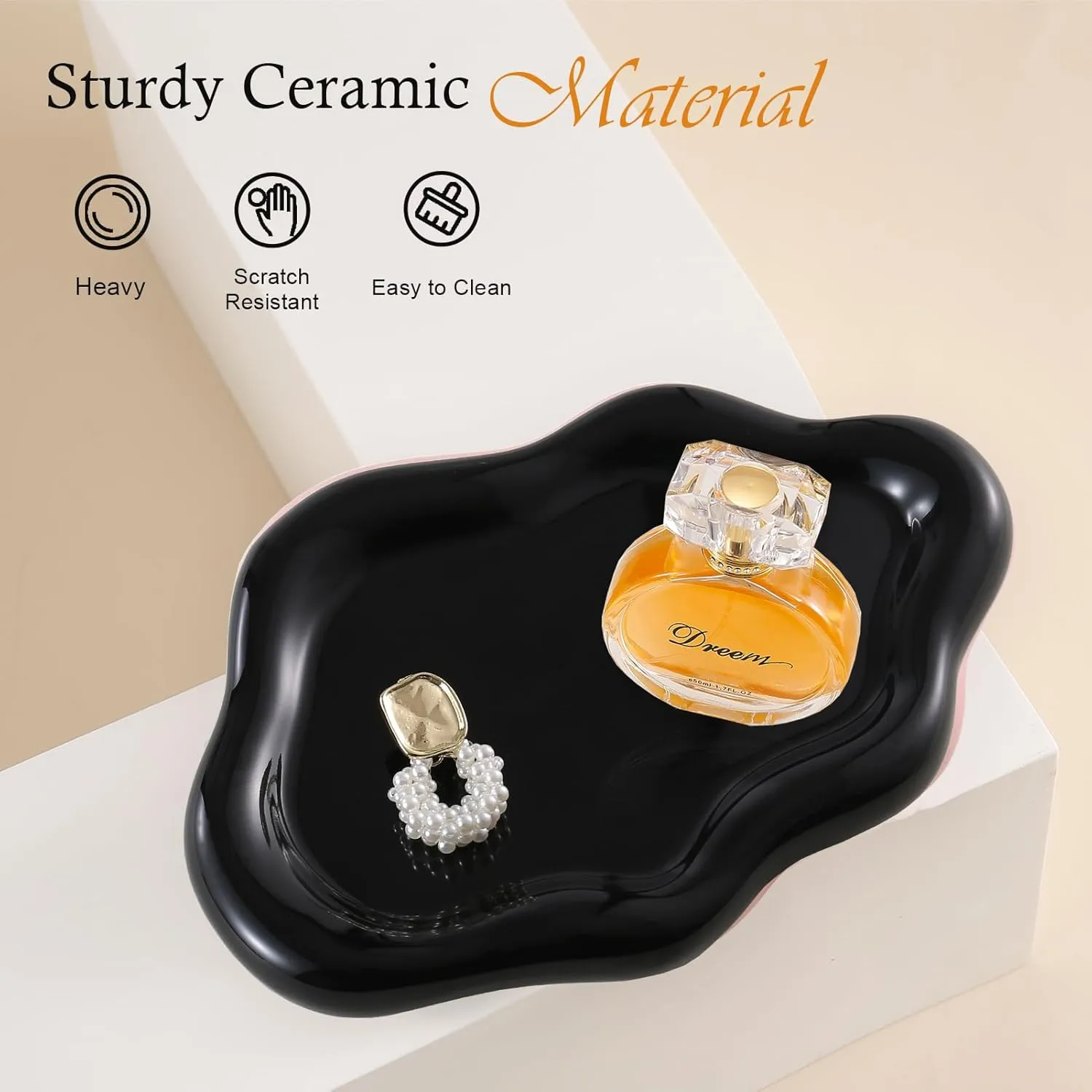 Ceramic Jewelry Tray Trinket Dish, Decorative Cloud Vanity Key Tray for Women, Ring Holder Dish, Cute Jewelry Plate Bowl Room Decor Aesthetic, Black, Medium