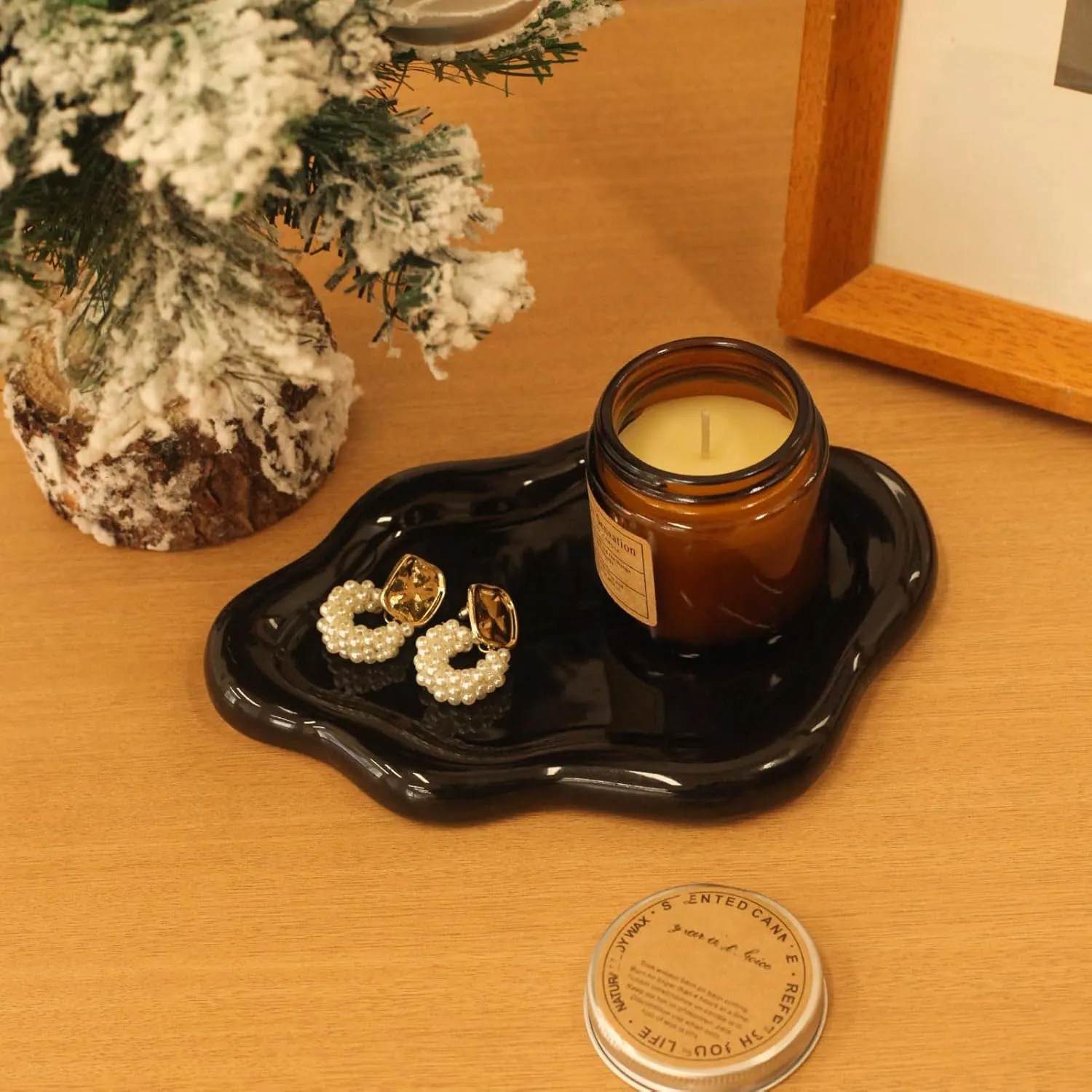 Ceramic Jewelry Tray Trinket Dish, Decorative Cloud Vanity Key Tray for Women, Ring Holder Dish, Cute Jewelry Plate Bowl Room Decor Aesthetic, Black, Medium