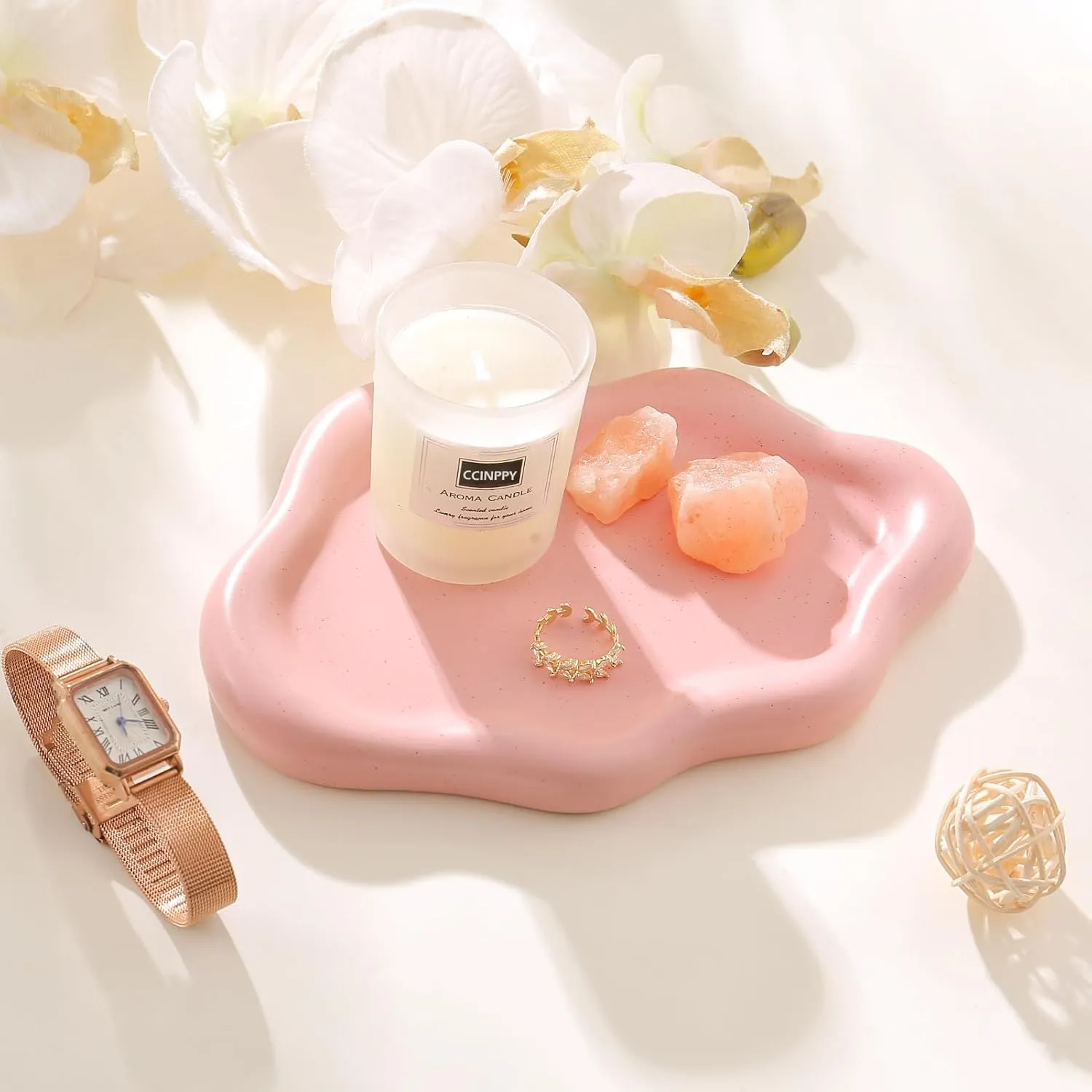 Ceramic Jewelry Tray Trinket Dish, Decorative Cloud Vanity Key Tray for Women, Ring Holder Dish, Cute Jewelry Plate Bowl Room Decor Aesthetic, Pink, Medium