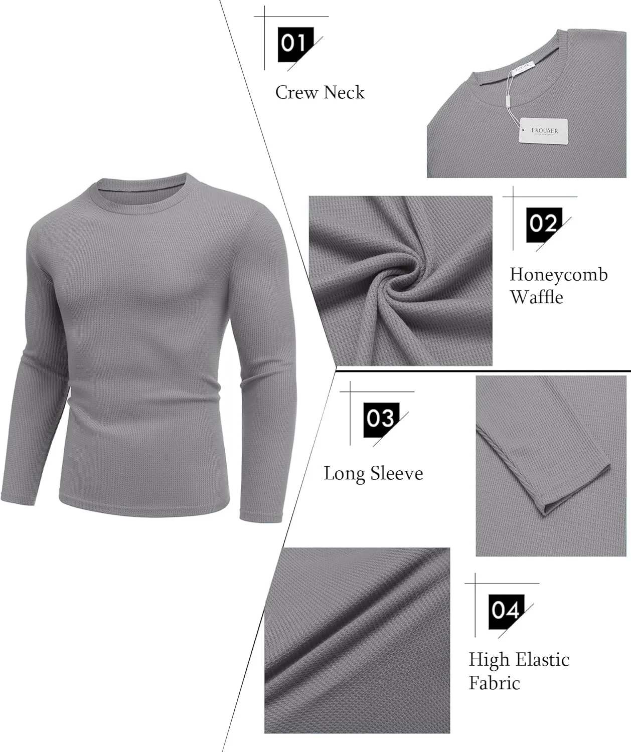 Ekouaer Men's Long Sleeve Shirts Honeycomb Waffle Pullover Sweater Crewneck Thermal Tops Lightweight Undershirts
