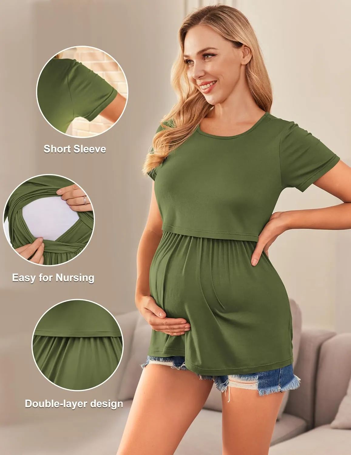 Ekouaer Womens Nursing Tops 3 Packs Short Sleeve Breastfeeding Shirts Double Layer Postpartum Shirt S-XXL