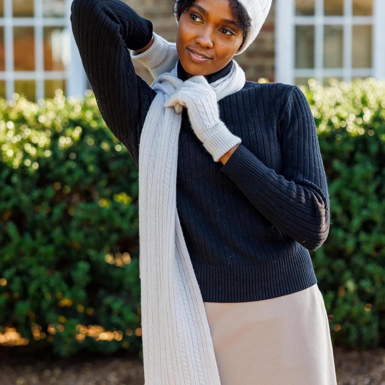 Fishers Finery Women's Cozy Cashmere Cable Knitted Winter Scarf | Black Label Box