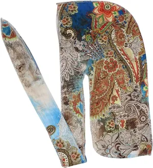 Floral Print Men Soft Silk Durag Long Tail Straps Spandex Wave Cap Bandanas Hat
