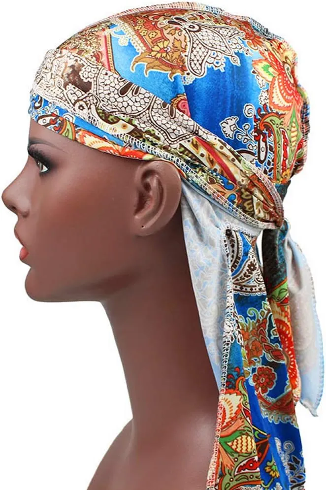 Floral Print Men Soft Silk Durag Long Tail Straps Spandex Wave Cap Bandanas Hat