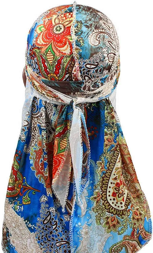 Floral Print Men Soft Silk Durag Long Tail Straps Spandex Wave Cap Bandanas Hat