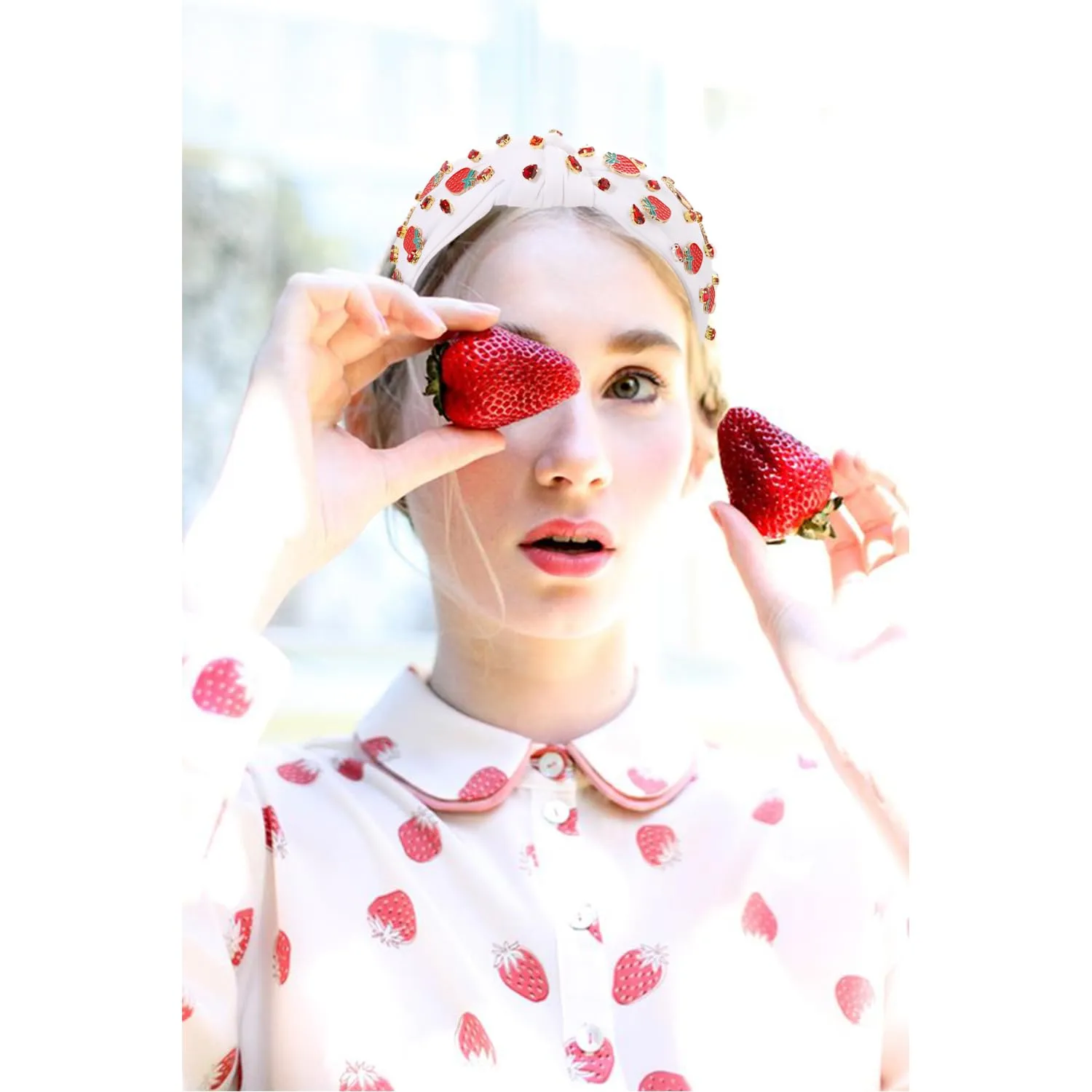 Jeweled Strawberry Headbands for Women - Tropical Fruit Vacation Accessories, Summer Party Favors (Fruit A-White)