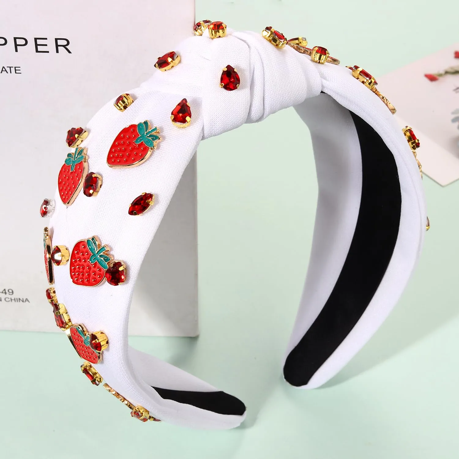 Jeweled Strawberry Headbands for Women - Tropical Fruit Vacation Accessories, Summer Party Favors (Fruit A-White)