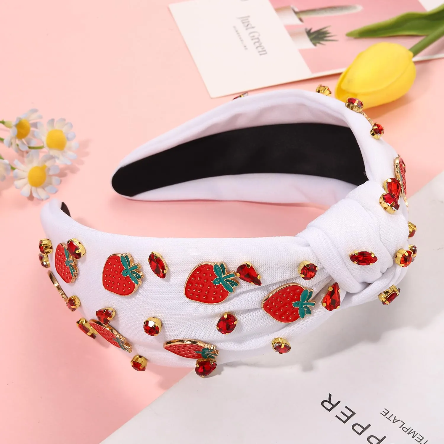 Jeweled Strawberry Headbands for Women - Tropical Fruit Vacation Accessories, Summer Party Favors (Fruit A-White)