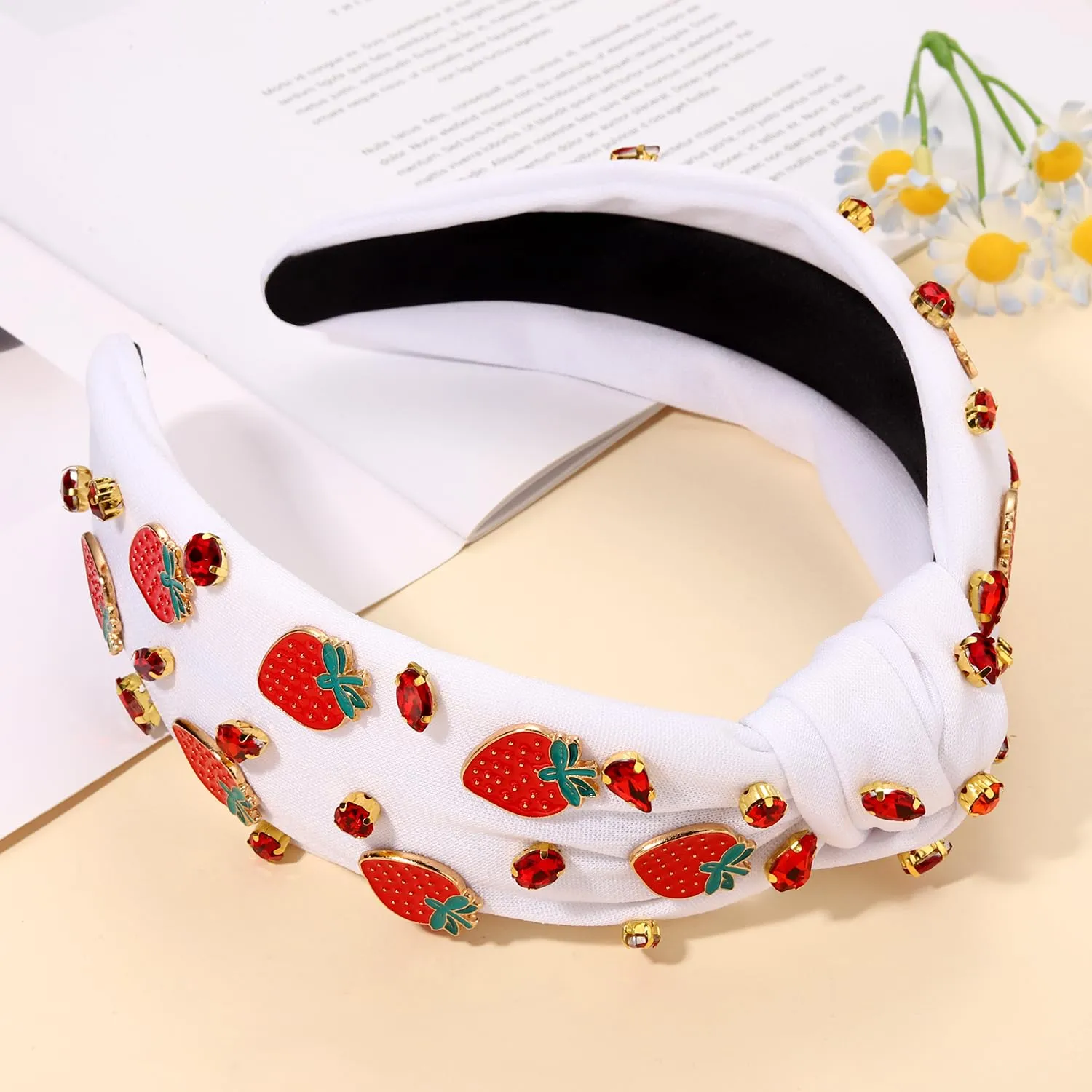 Jeweled Strawberry Headbands for Women - Tropical Fruit Vacation Accessories, Summer Party Favors (Fruit A-White)