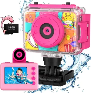 Kids Camera, Waterproof Kids Digital Camera, Children Selfie Camera with 180Flip Len, 20MP 1080P Sports Action Toy Underwater Camera for Pool Helmet, Birthday Gifts for Boys Girls Age 3-12