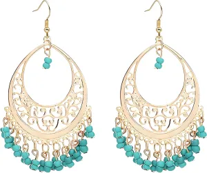 MALOYANVE Boho Beaded Earrings for Women Ethnic Handmade Gold Cut Out Geometric Round Dangle Chandelier Earrings Boho Vintage Colorful Tassel Earrings Holiday Party Jewelry Gift