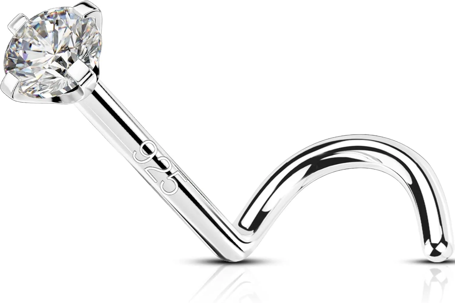 OUFER 925 Sterling Silver Nose Studs, Bone L Screw Shaped Nose Rings, 20G Nostril Solid 2mm Round CZ Nose Piercing Jewelry for Women Men-Screw Shaped