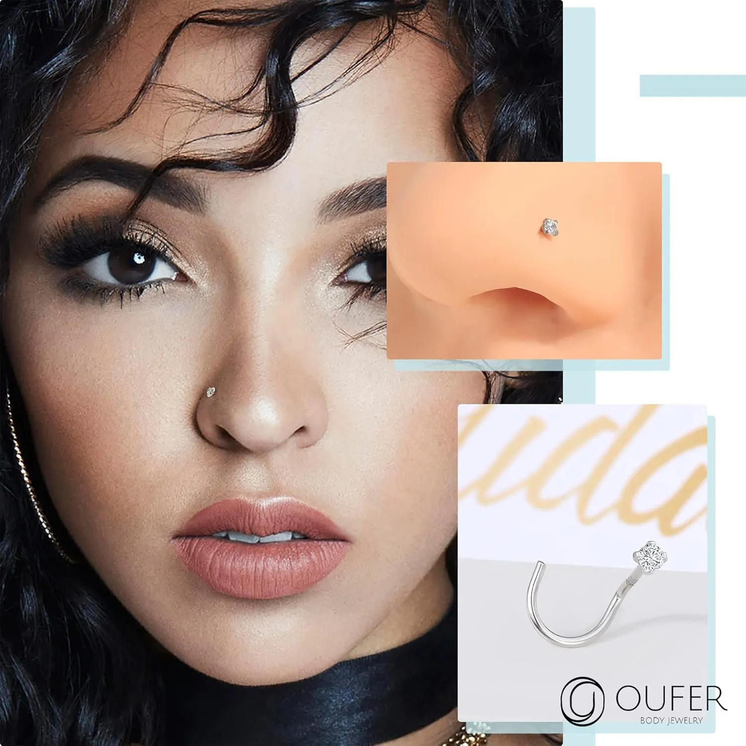 OUFER 925 Sterling Silver Nose Studs, Bone L Screw Shaped Nose Rings, 20G Nostril Solid 2mm Round CZ Nose Piercing Jewelry for Women Men-Screw Shaped