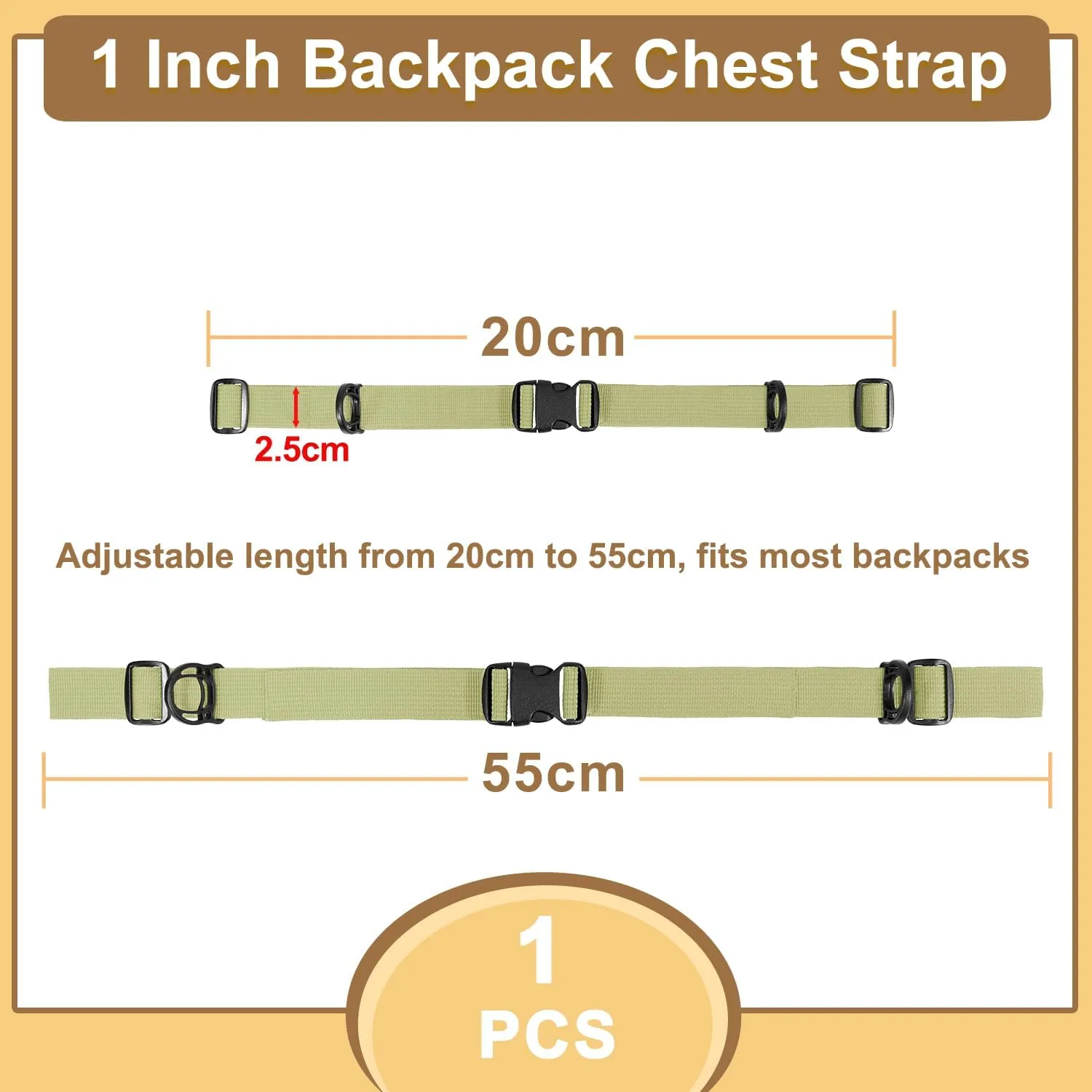 Outdoor Backpack Chest Straps, Adjustable Sternum Strap for Backpack Replacement, Camping Hiking Backpack Straps With Quick Release Buckle (DesertTan of 1pcs)