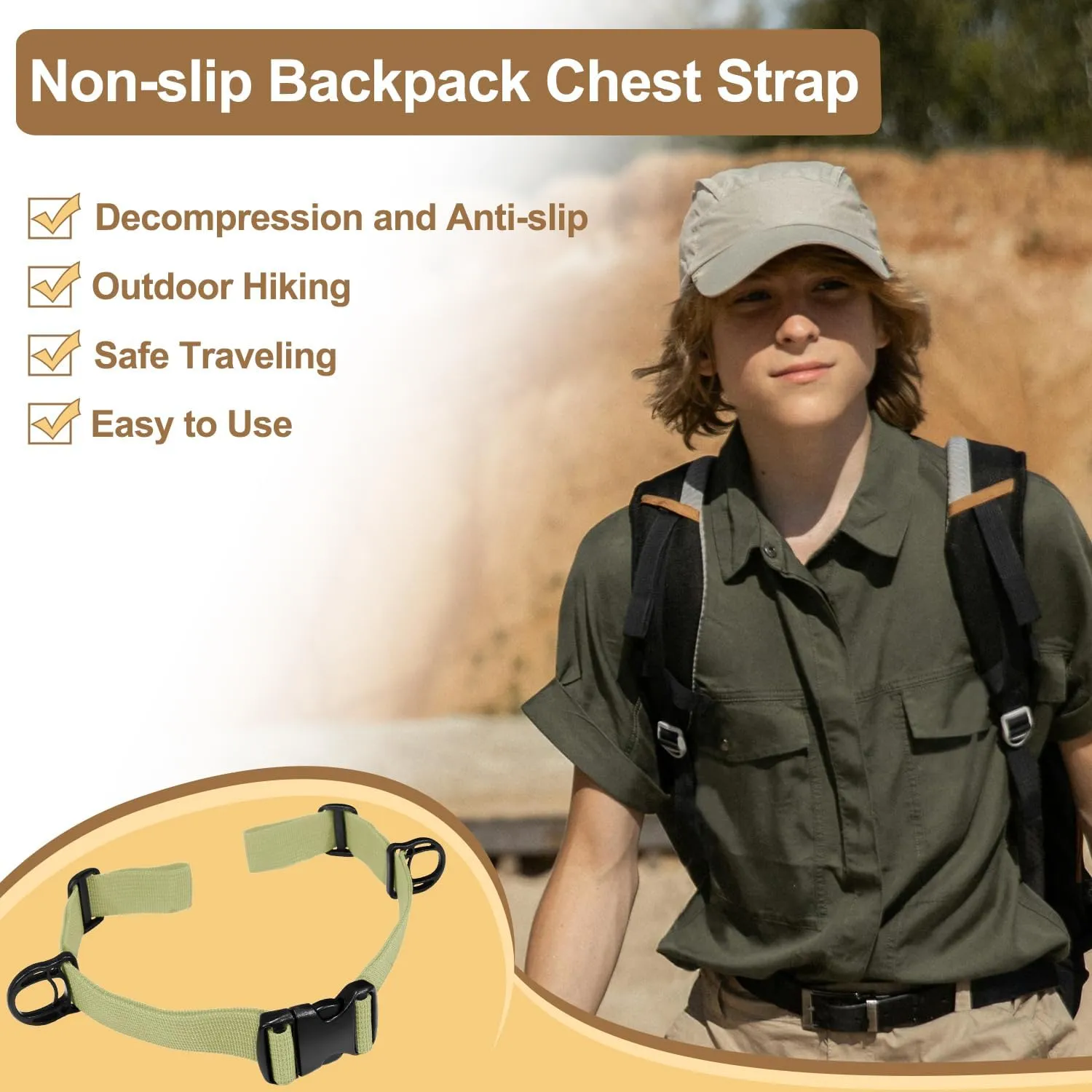 Outdoor Backpack Chest Straps, Adjustable Sternum Strap for Backpack Replacement, Camping Hiking Backpack Straps With Quick Release Buckle (DesertTan of 1pcs)