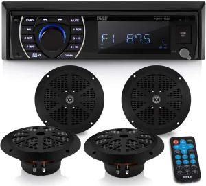 Pyle Marine Head Unit Receiver Speaker Kit - In-Dash LCD Digital Stereo Built-in Bluetooth & Microphone w/ AM FM Radio System 6.5 Waterproof Speakers (4) MP3/SD Readers & Remote Control -PLMRKT48BK