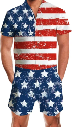 RAISEVERN Mens Romper Zipper Jumpsuit Male Shorts Sleeve One Piece Overalls Bro Outfits