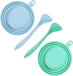SLSON 2 Pack Pet Food Can Cover Universal Silicone Cat Dog Food Can Lids 1 Fit 3 Standard Size Can Tops with 2 Spoons,Light Blue and Green