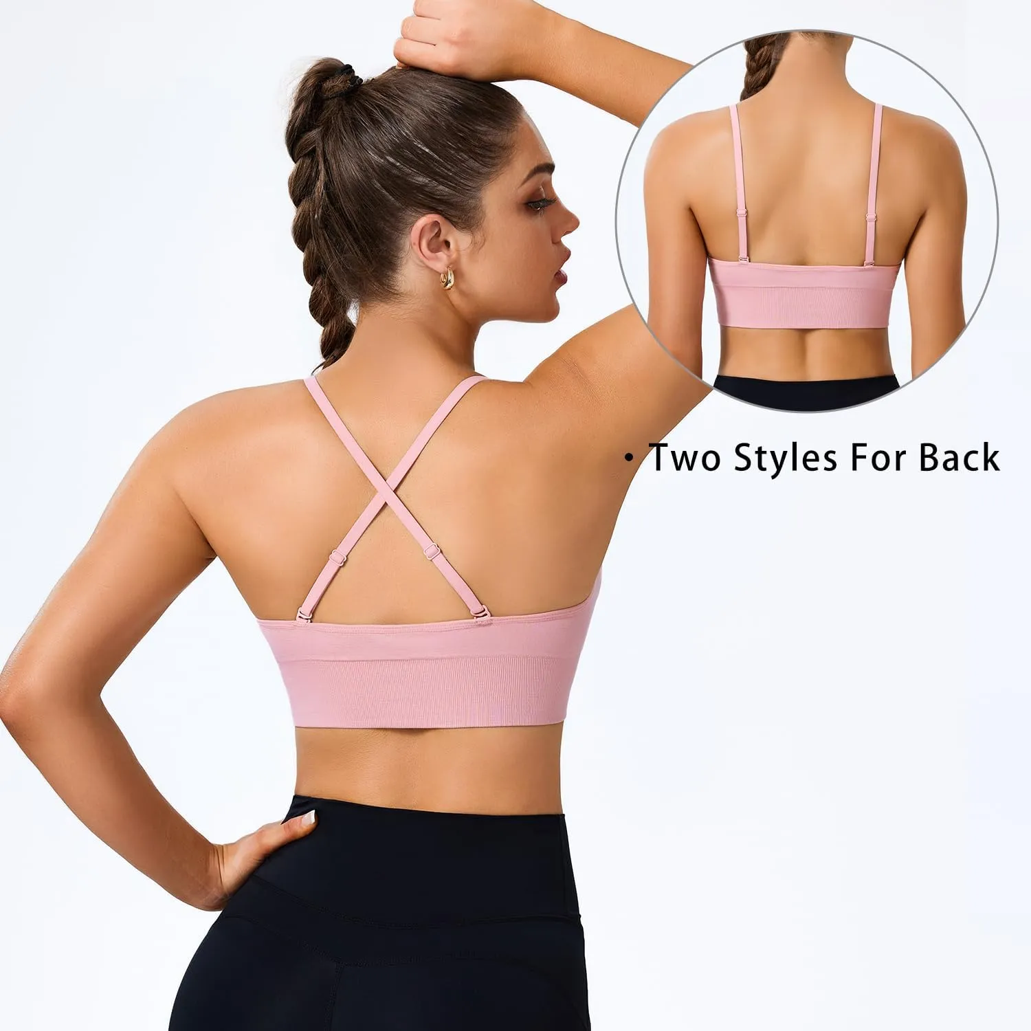 Sports Bras for Women Padded Adjustable Deep V Neck Bra Seamless Spaghetti Strap Criss Cross Light Impact Yoga Bras