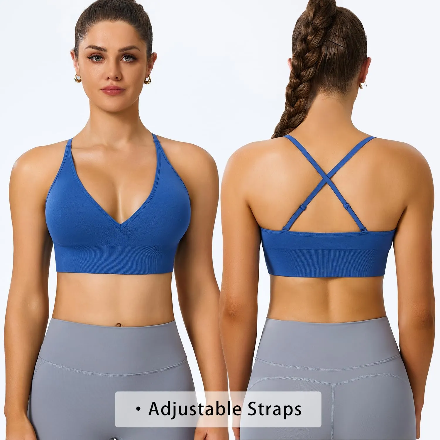 Sports Bras for Women Padded Adjustable Deep V Neck Bra Seamless Spaghetti Strap Criss Cross Light Impact Yoga Bras