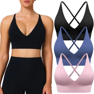 Sports Bras for Women Padded Adjustable Deep V Neck Bra Seamless Spaghetti Strap Criss Cross Light Impact Yoga Bras