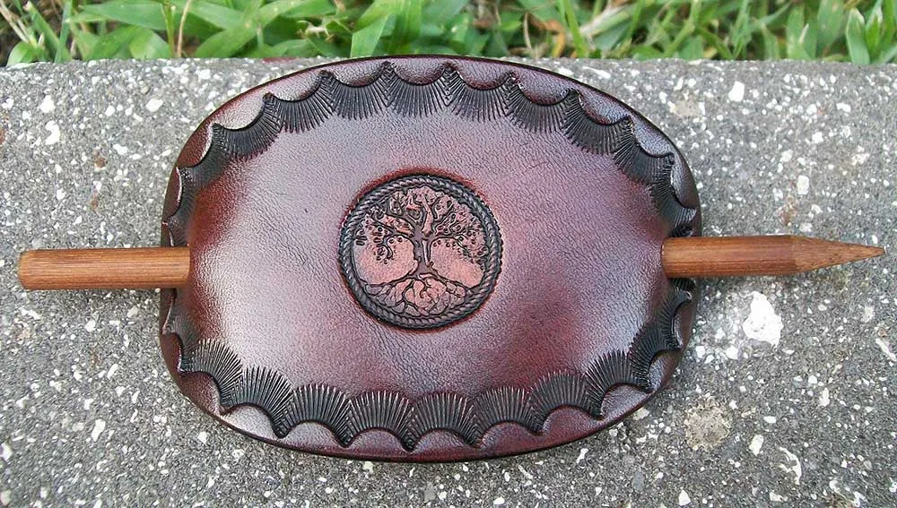 Tree of Life Handmade Leather Barrettes - Medium