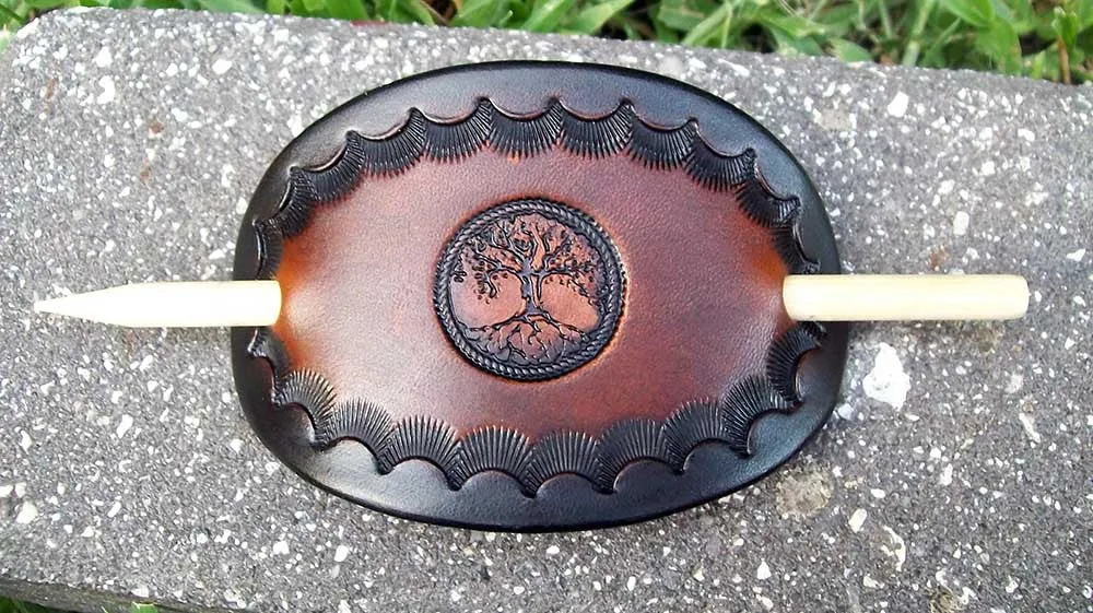 Tree of Life Handmade Leather Barrettes - Medium