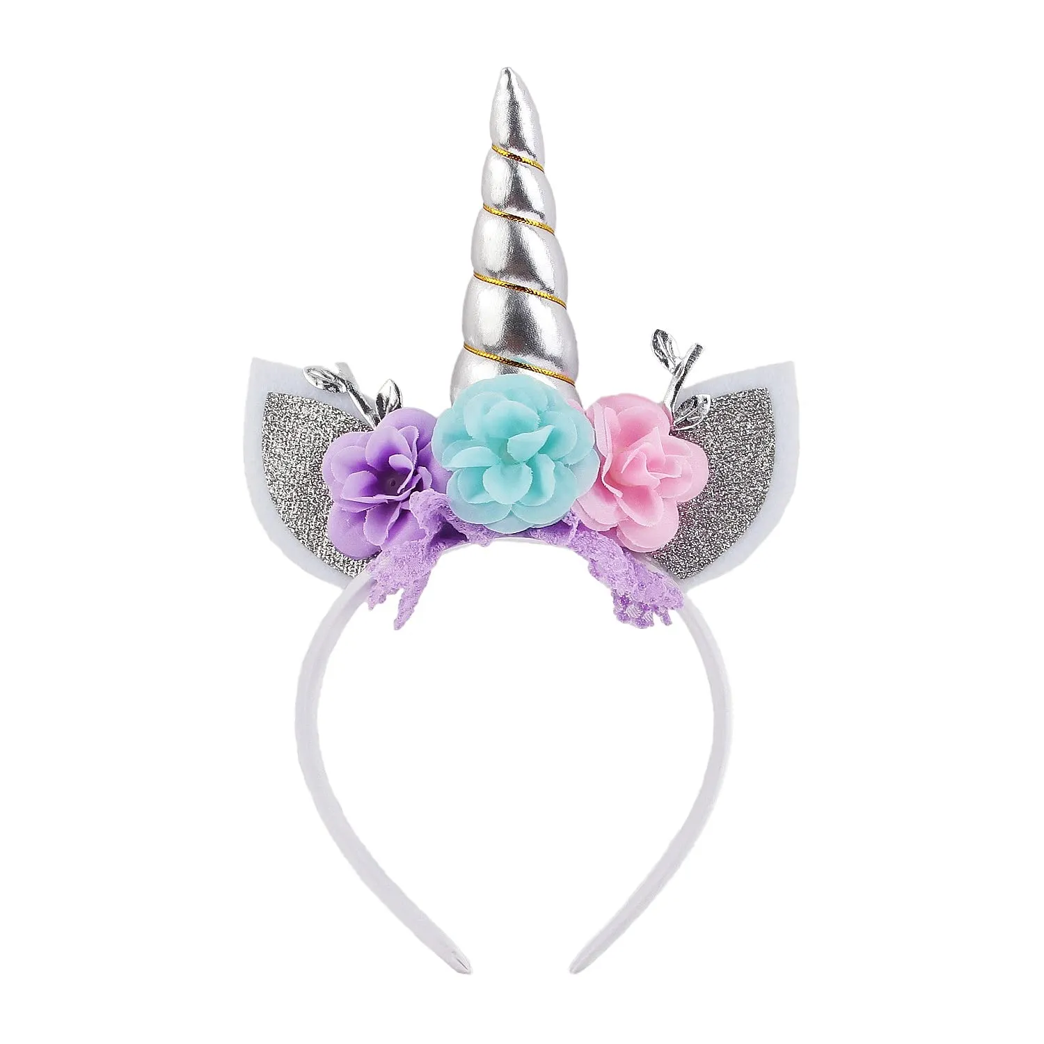 Unicorn Headband Flower Cat Ear Unicorn Horn Headband Perfect for Party Supplies Fantasy Favor (Silver)