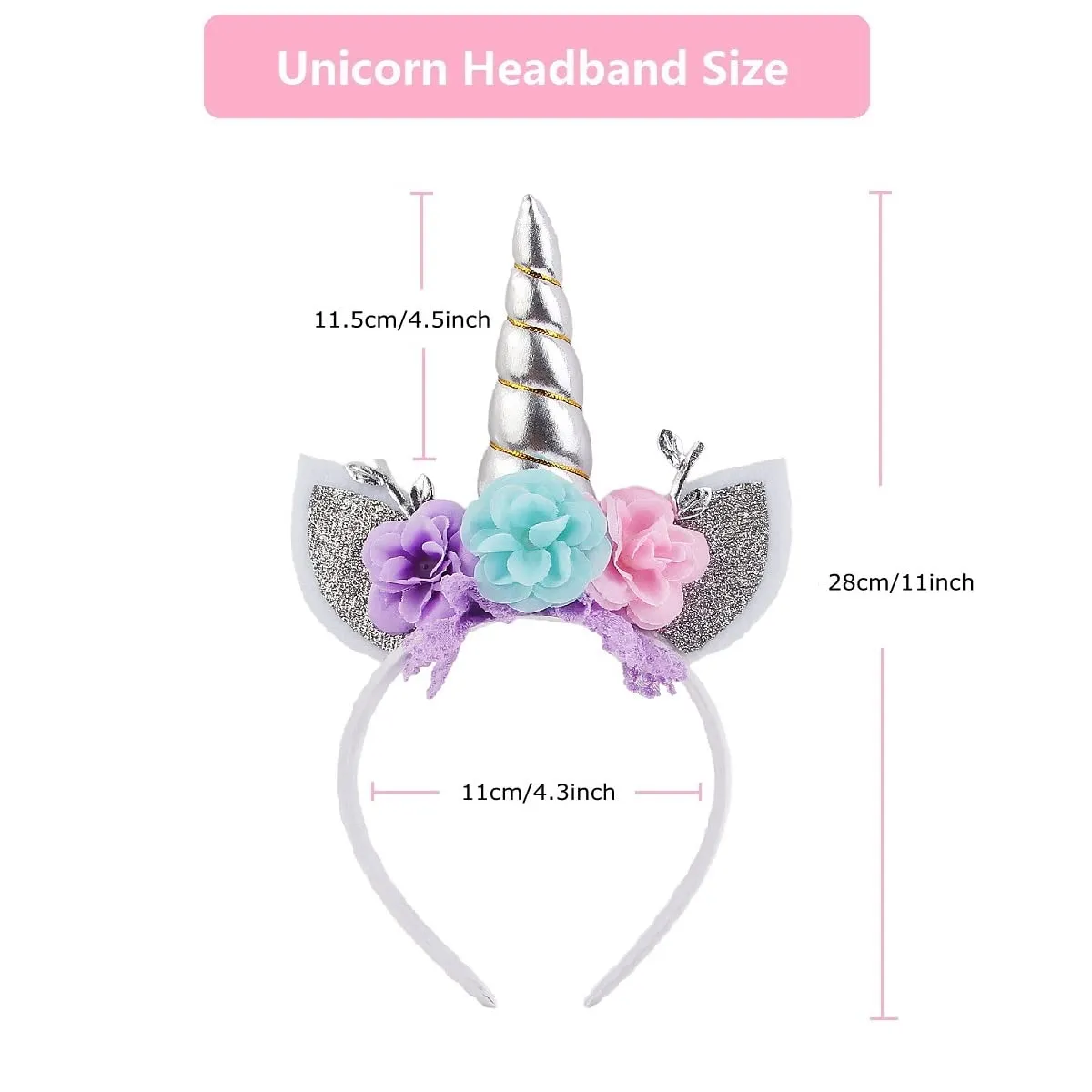 Unicorn Headband Flower Cat Ear Unicorn Horn Headband Perfect for Party Supplies Fantasy Favor (Silver)