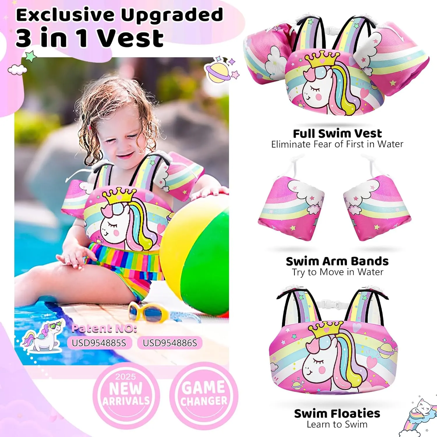 Vvinca Separable Toddler Swim Vest Fit 22-66 Lbs1-6 Years|2025 Newest 3 in 1 Pool Float & Arm Bands Boys and Girls, Adjustable Sturdy Safety for Infant 1 2 3 4 5 6 Year