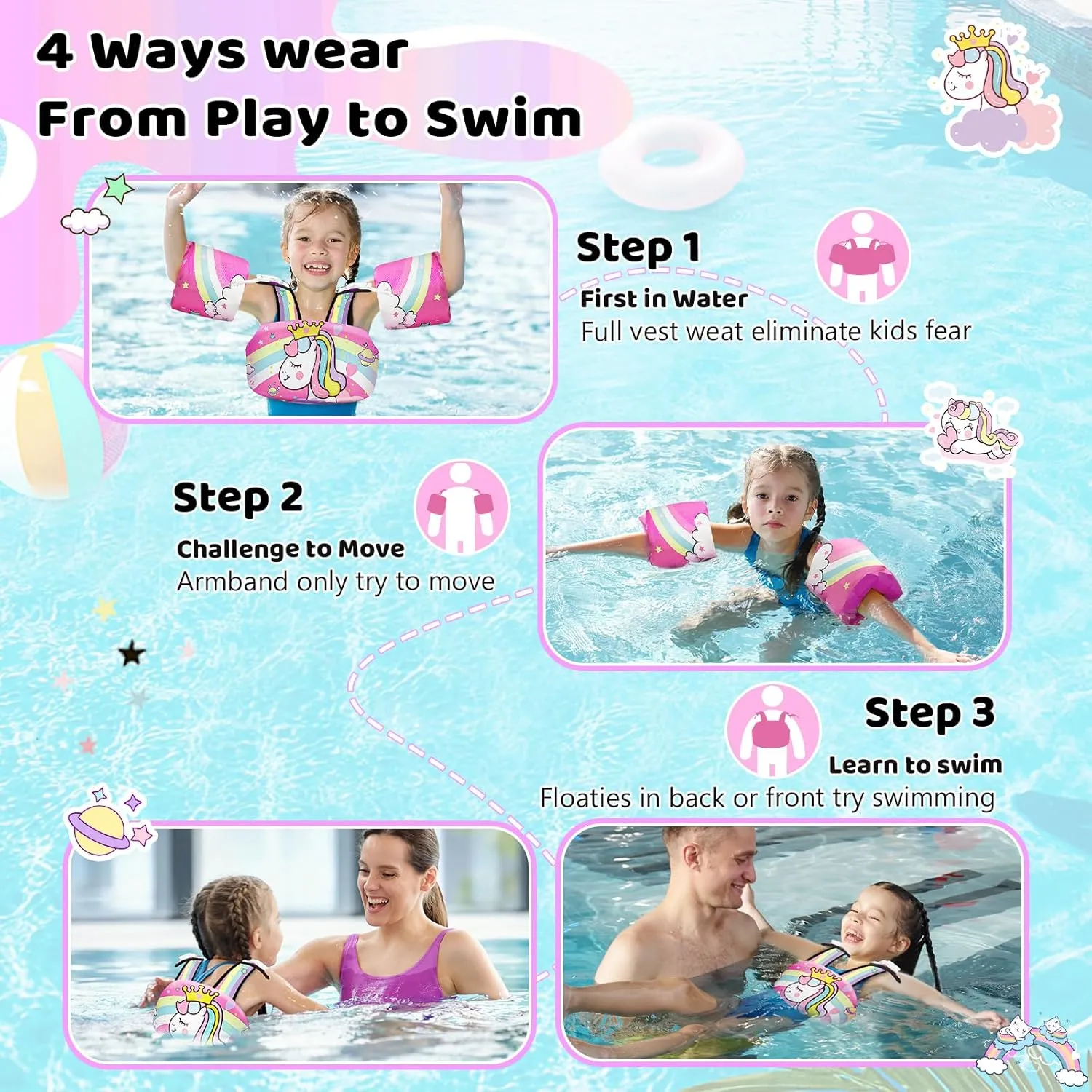Vvinca Separable Toddler Swim Vest Fit 22-66 Lbs1-6 Years|2025 Newest 3 in 1 Pool Float & Arm Bands Boys and Girls, Adjustable Sturdy Safety for Infant 1 2 3 4 5 6 Year