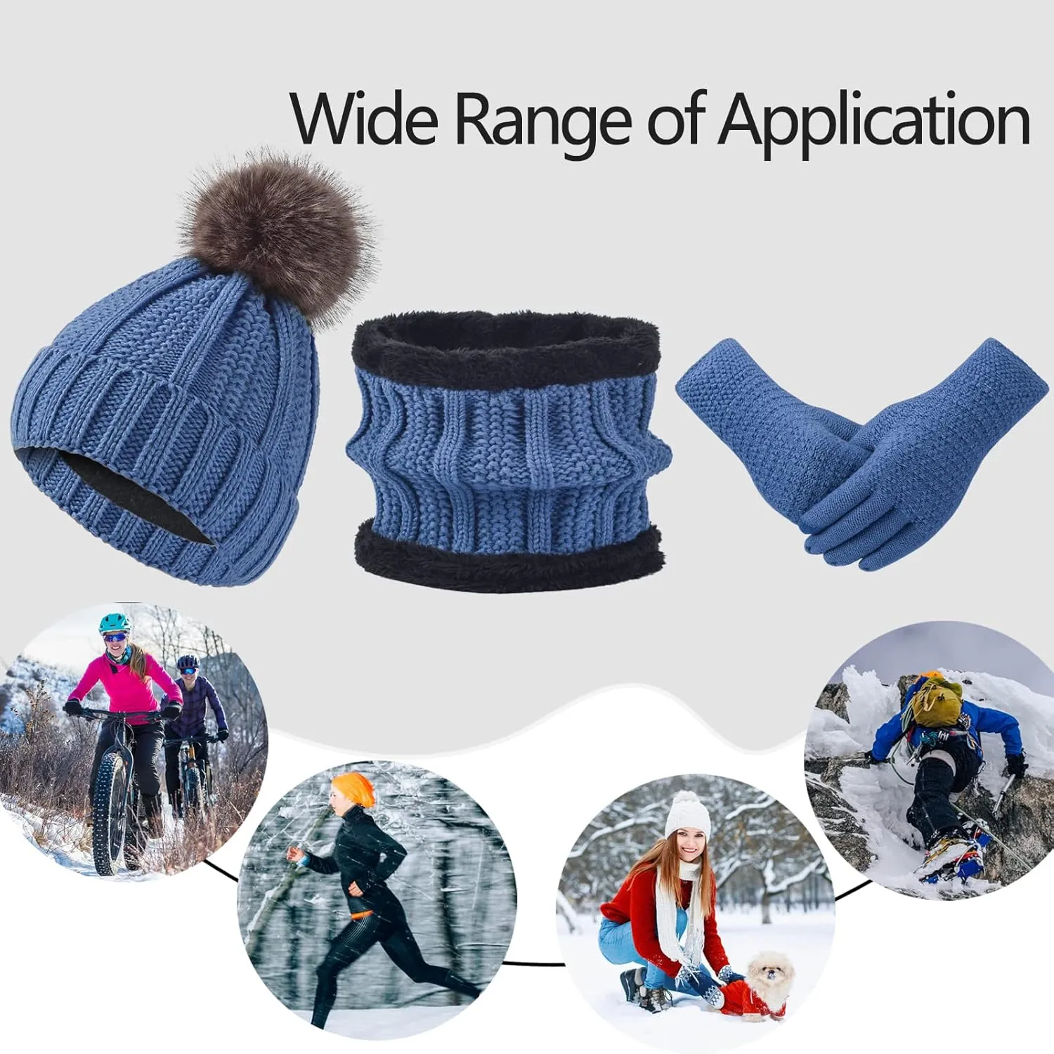 Women Winter Hat Gloves Scarf Set Beanie Warm Fleece Scarves Touchscreen Glove 3 in 1