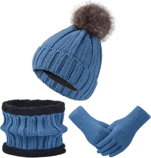 Women Winter Hat Gloves Scarf Set Beanie Warm Fleece Scarves Touchscreen Glove 3 in 1