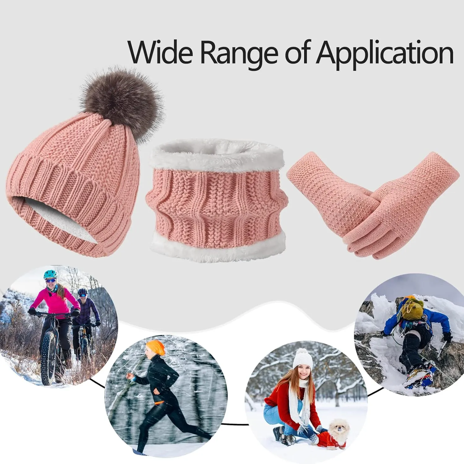 Women Winter Hat Gloves Scarf Set Beanie Warm Fleece Scarves Touchscreen Glove 3 in 1