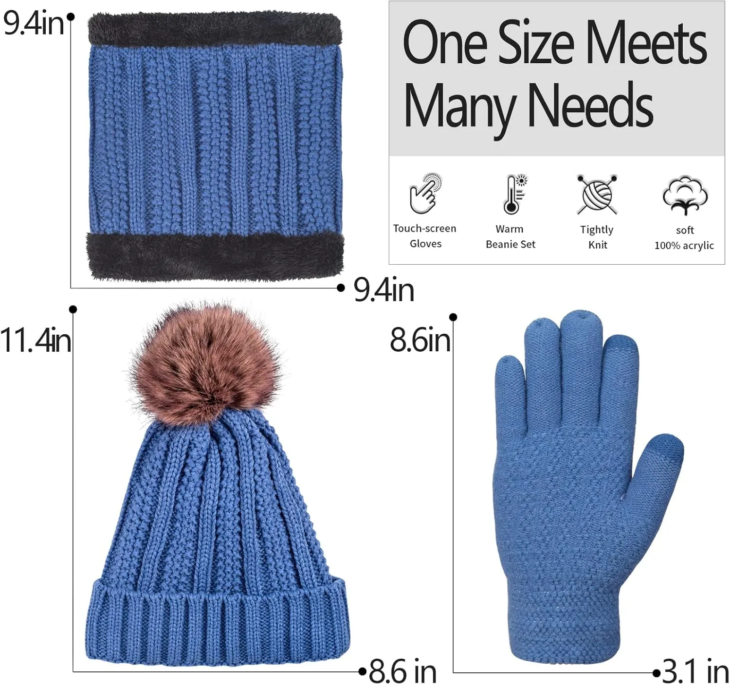 Women Winter Hat Gloves Scarf Set Beanie Warm Fleece Scarves Touchscreen Glove 3 in 1