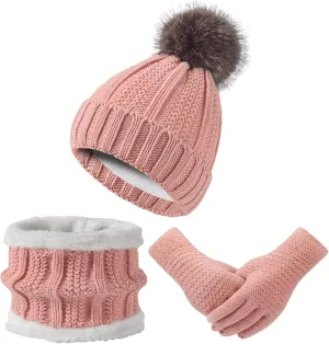Women Winter Hat Gloves Scarf Set Beanie Warm Fleece Scarves Touchscreen Glove 3 in 1
