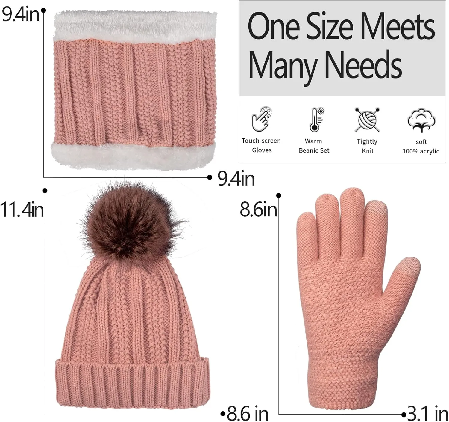 Women Winter Hat Gloves Scarf Set Beanie Warm Fleece Scarves Touchscreen Glove 3 in 1