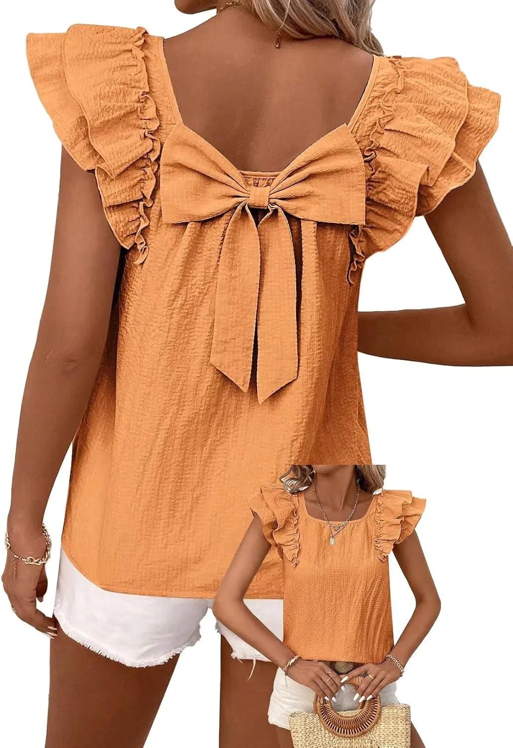 Womens Bow Tie Back Tops Round Neck Ruffle Short Sleeve Shirts Cute Babydoll Chiffon Tee Women Summer Trendy Tunic