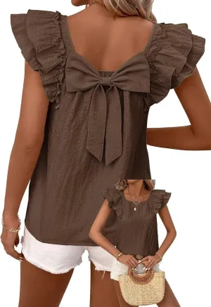 Womens Bow Tie Back Tops Round Neck Ruffle Short Sleeve Shirts Cute Babydoll Chiffon Tee Women Summer Trendy Tunic